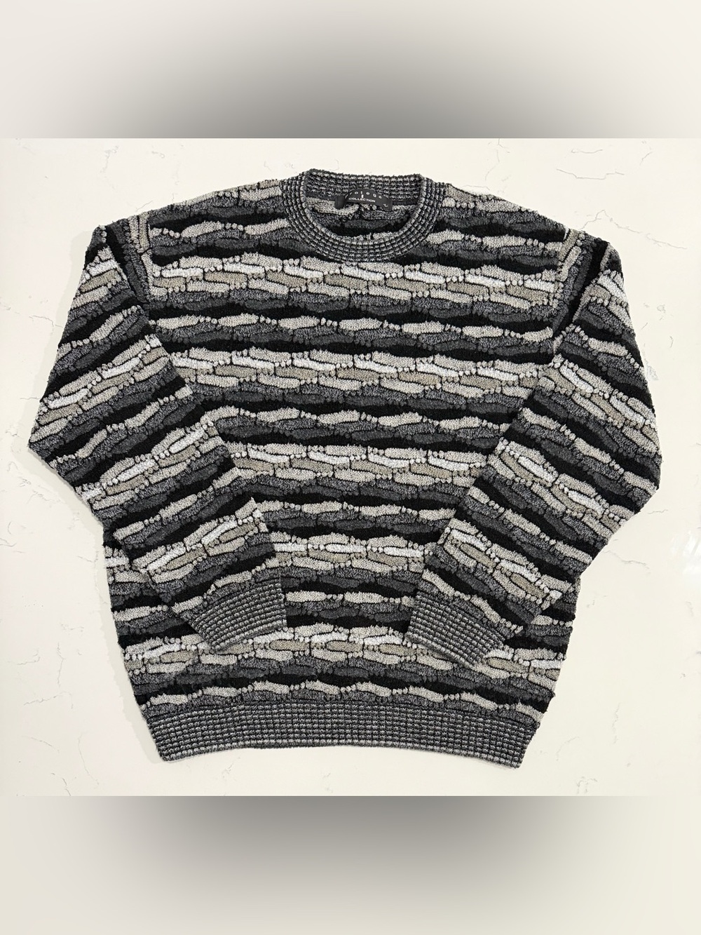 Protege Collection Sweater Mens L Gray Black Textured Knit Crewneck USA Made